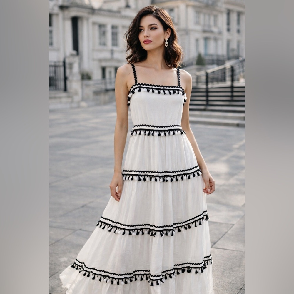 L’ATISTE Tiered White & Black Maxi Dress – Tassel Trim | Size XS